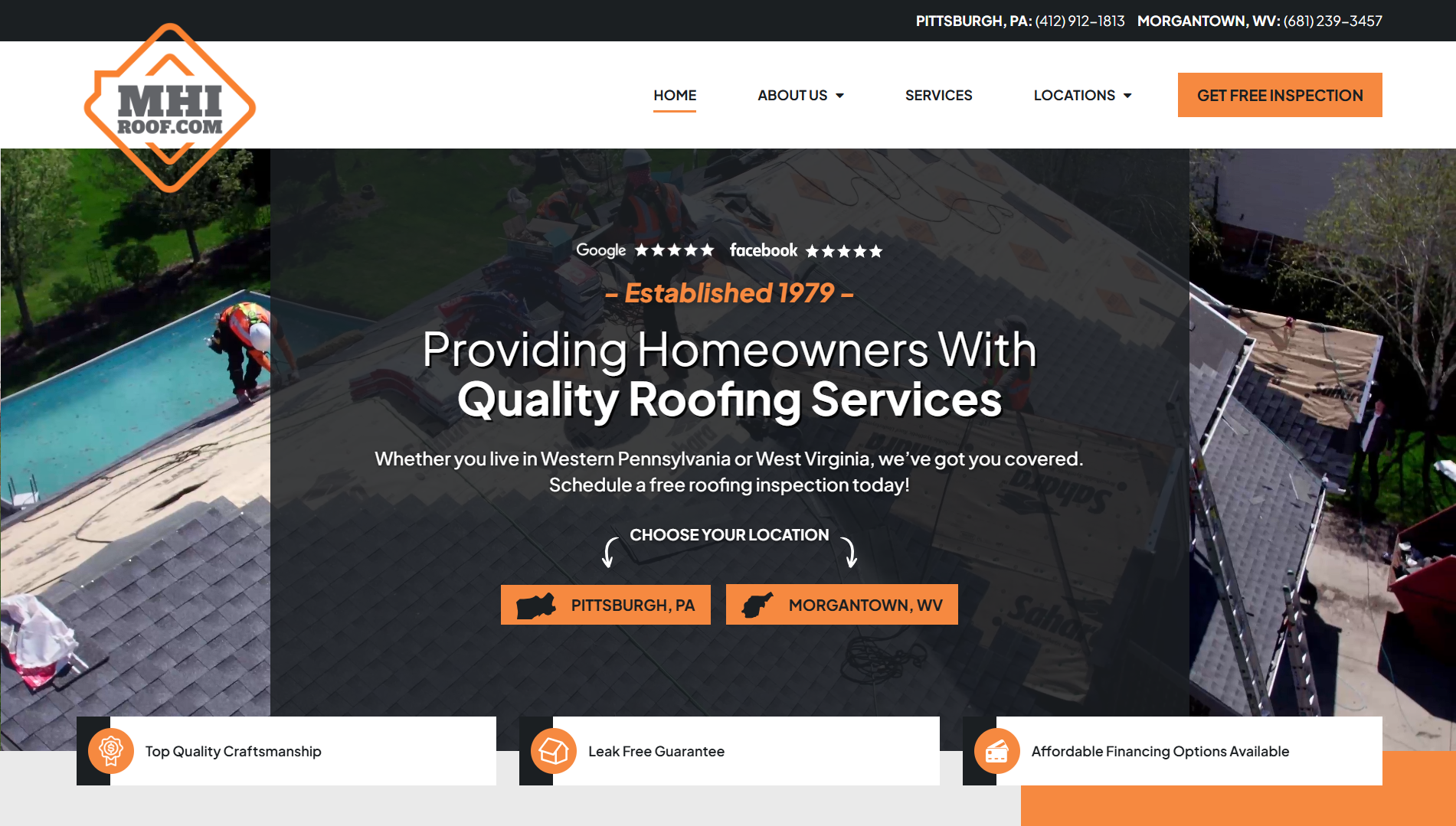 Modern professional plumber website with clear headline, prominent call button, and trust signals