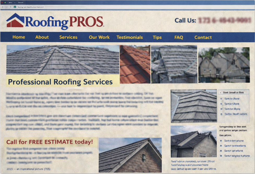 Outdated plumber website with cluttered 3-column layout, stock photos, and generic template design